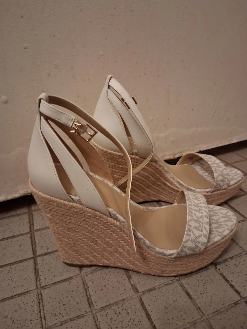 Michael Kors White Logo Espadrille Wedge Sandals with Ankle Strap Size 10